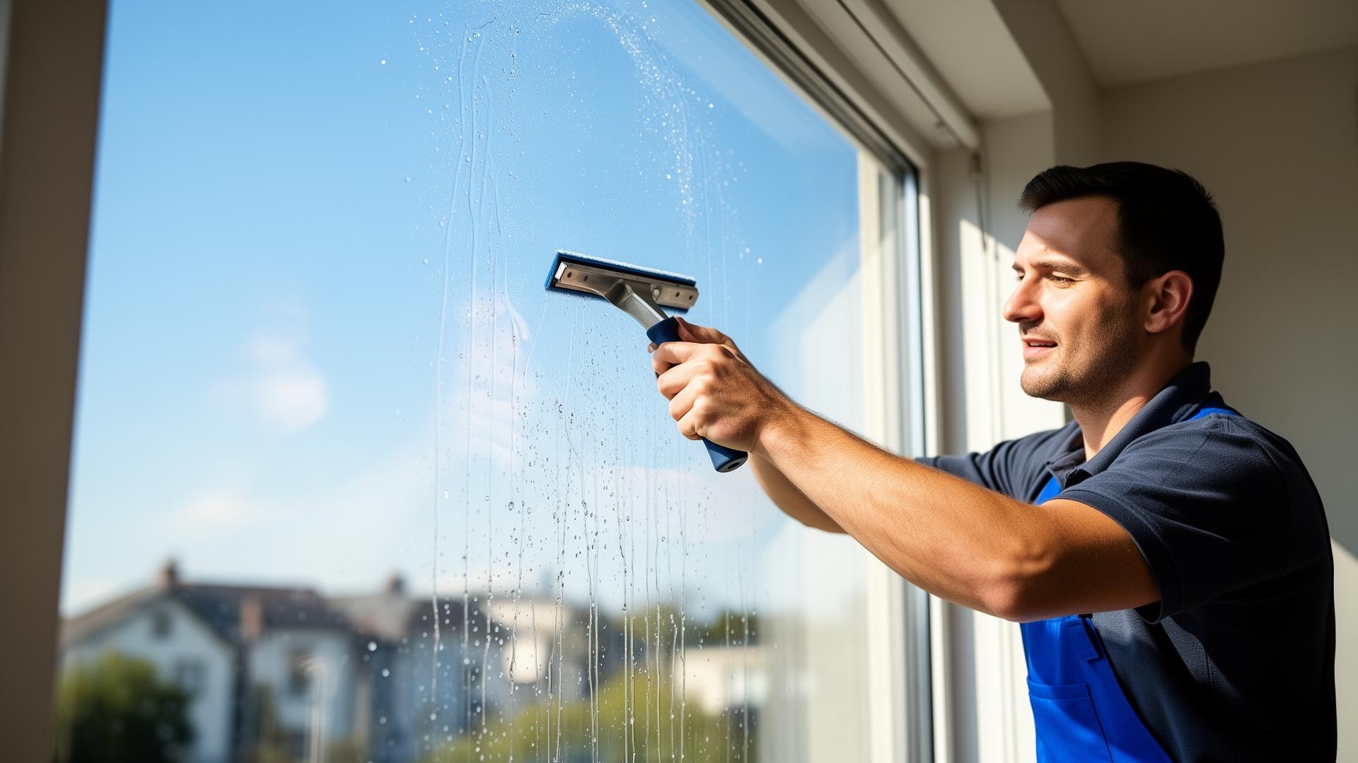 Professional window cleaner using a squeegee on a bright residential window